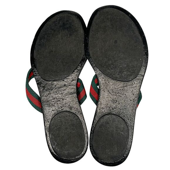 Gucci GG Web Stripe Thong Sandals EU 37.5 US 7.5 Black Flip Flop Slide Flat Heel - Picture 11 of 12